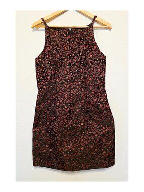 90s Minimalist Black & Red Brocade Mini Dress – Structured Vintage Slip